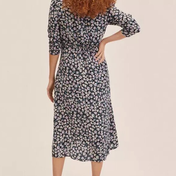 Mango Purple Black Floral Print Long Dress, 3/4 sleeves size L - Picture 3 of 5